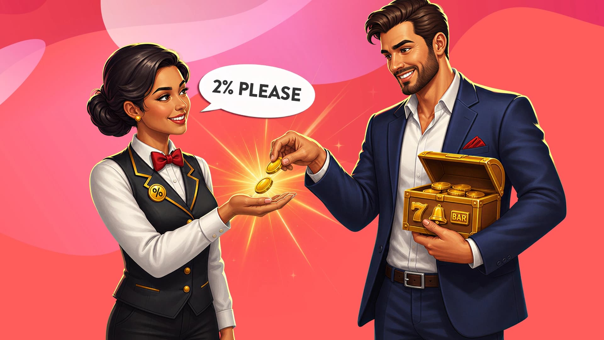 On a pink background, a man drops two gold coins into a casino employee’s hand. The casino employee states “2% Please,” in a speech bubble, representing players giving the house a 2% house edge.