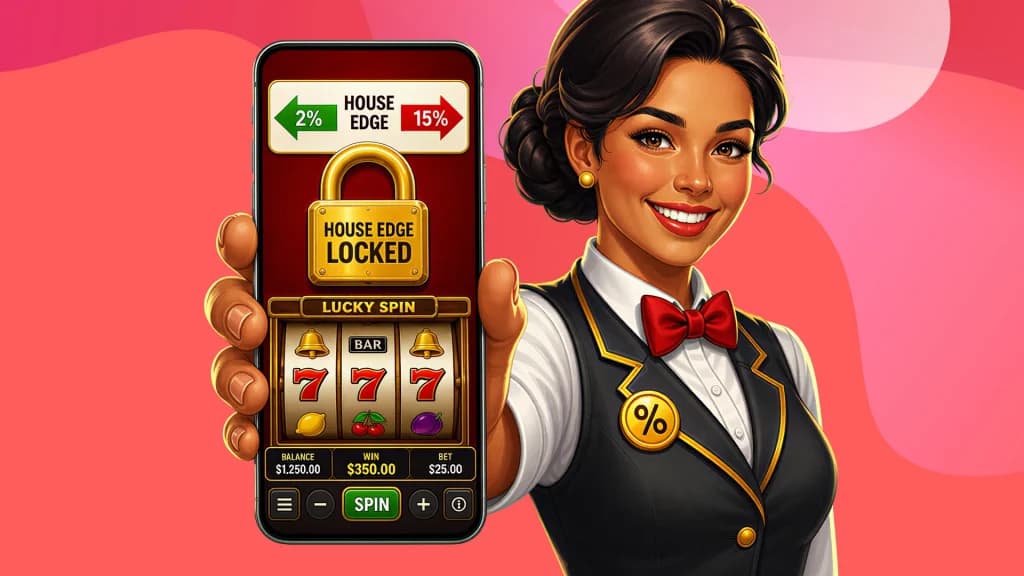 Holding a phone in the foreground of a pink image, a woman smiles behind the display showing the standard house edge for slots, ranging from 25% to 15%.