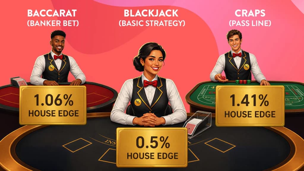 Baccarat, blackjack, and craps are represented as casino table games. Each has a gold sign showing their house edges, including 1.06%, .5%, and 1.41%, respectively.