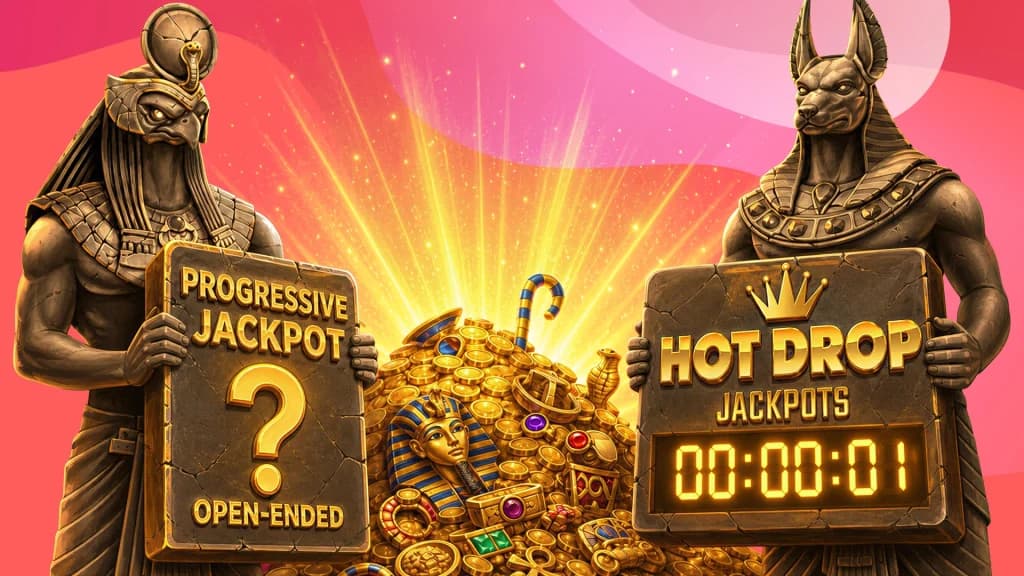 Two Egyptian god statues hold stone plants in front of a pile of ancient riches. The tablet on the left shows that a progressive jackpot is open-ended, while the tablet on the right demonstrates that a Hot Drop Jackpot triggers on a timer.