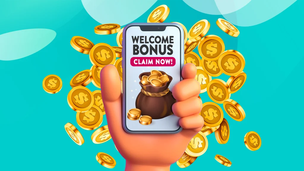 A cartoon hand holds up a phone displaying a sack of gold and the words ‘Welcome Bonus Claim Now!’, surrounded by gold coins against an aqua background.