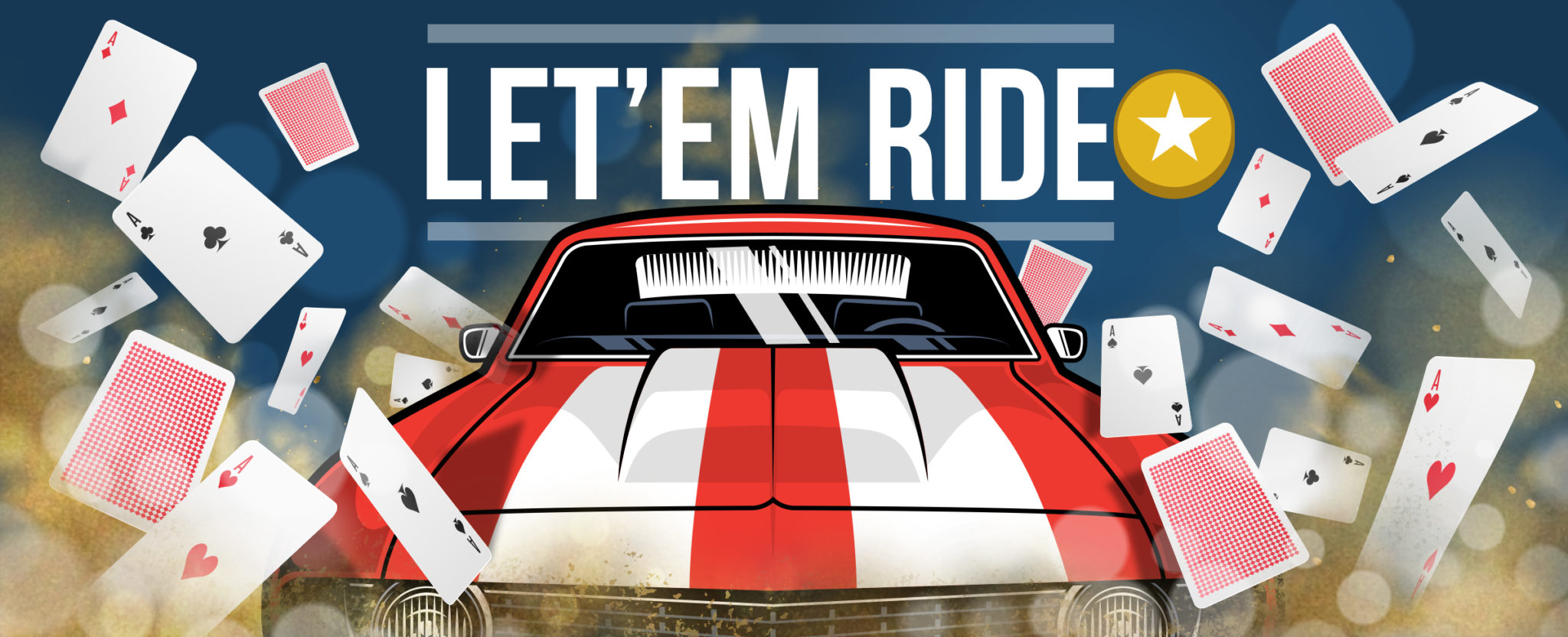 Let ‘Em Ride banner featuring a red vintage car, floating playing cards, and the game logo with a star, set against a dynamic blue and gold background.