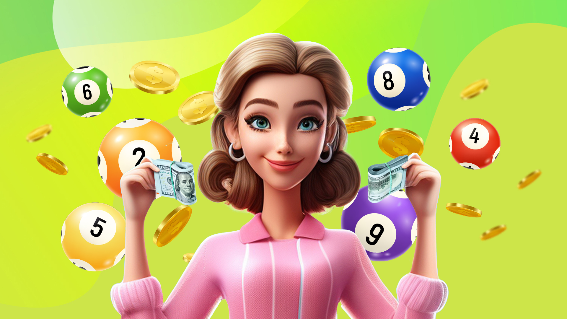 A Cartoon woman surrounded by bingo balls and coins set against a lime green background.