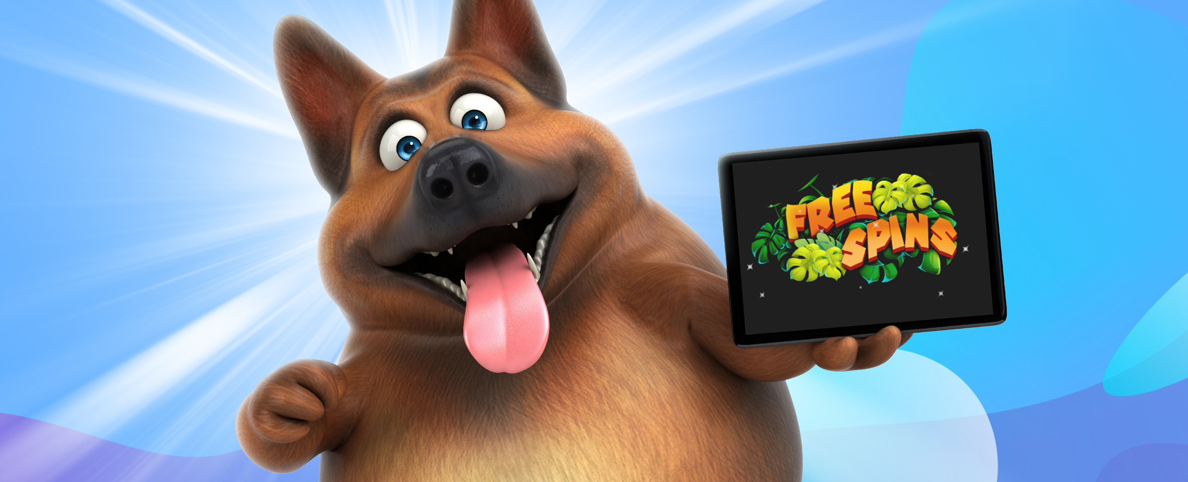 A chubby 3D-animated dog is seen from the waist up in the center of the image, with its tongue hanging out and eyes wide open. In its left hand is an iPad, featuring a black screen with orange words that read Free Spins, in front of green tropical ferns.
