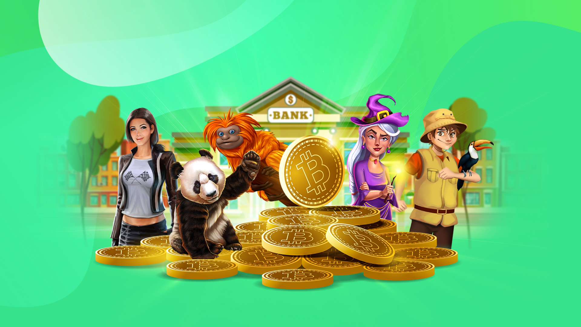 Various 3D characters, including humans and animals, from SLotsLV slots games stand around golden Bitcoins in front of a golden bank.