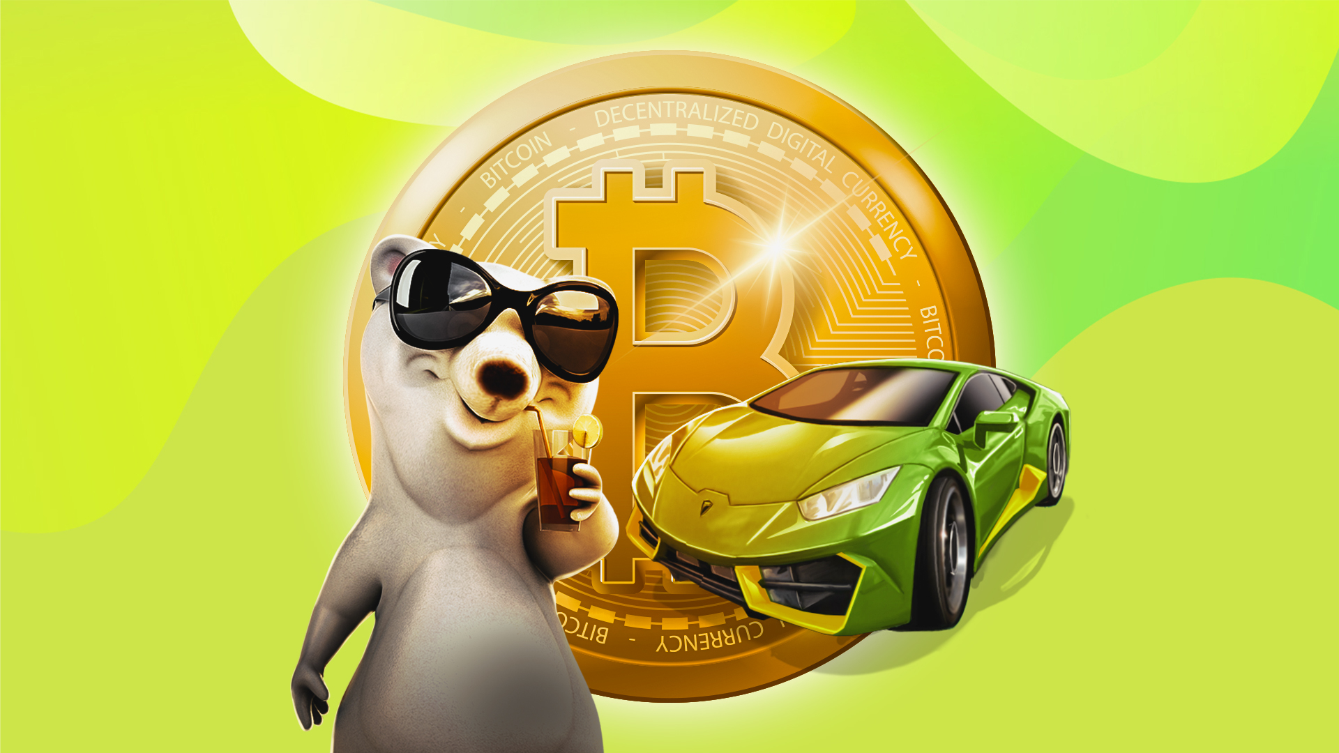 A 3D cartoon polar bear stands in front of a shiny, gold Bitcoin and a green sports car.