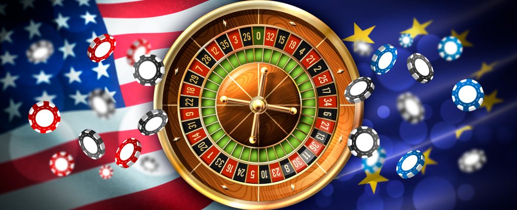 A casino roulette wheel is displayed in the center, while the US and EU flags appear on the sides.