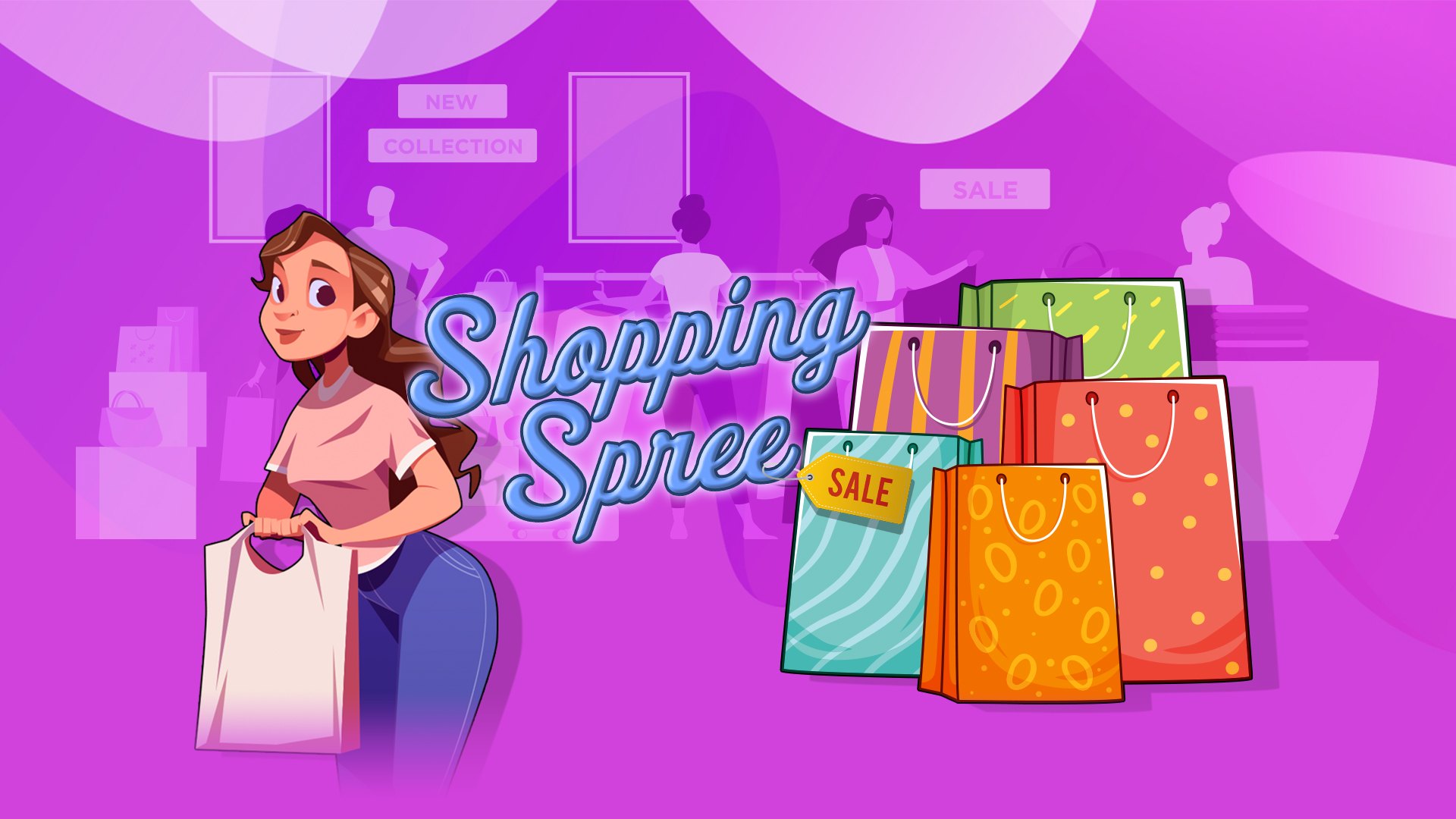 A 3D cartoon girl with brown hair holds a white shopping bag; she stands adjacent to the SlotsLV slots game logo for the game Shopping Spree.