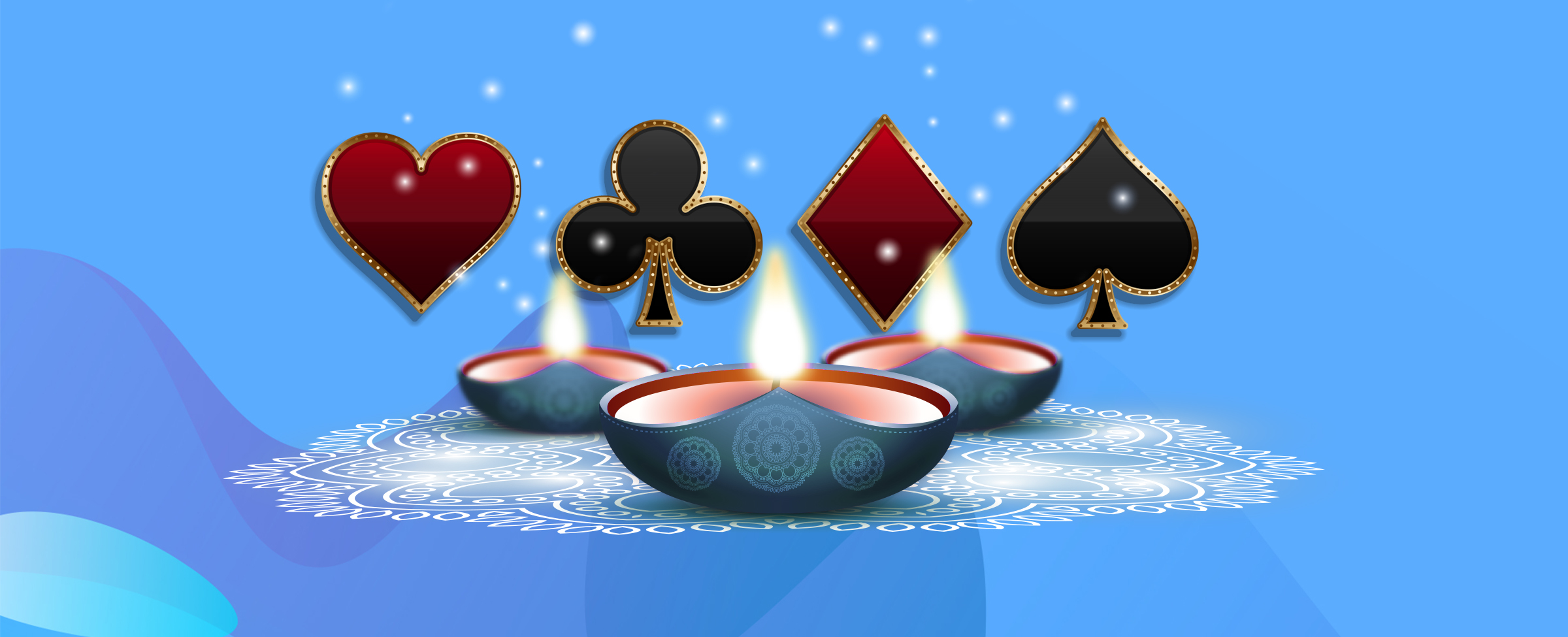 Festive Teen Patti graphic with oil lamps and four card suit symbols.