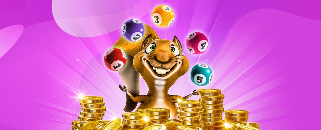 Animal in the center with numbered balls in his hands and gold coins in front.