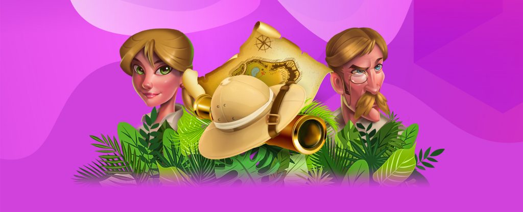 SlotsLV online casino game characters on a lilac background with a map, binoculars and an explorer's hat.