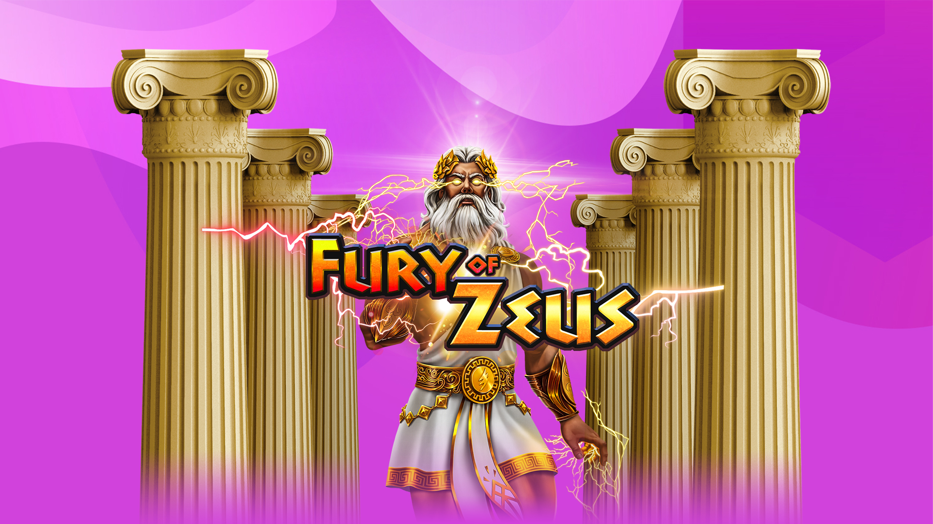 A 3D depiction of the god Zeus from the SlotsLV slots game, Fury of Zeus. He stands behind the game logo, in between ancient marble pillars.