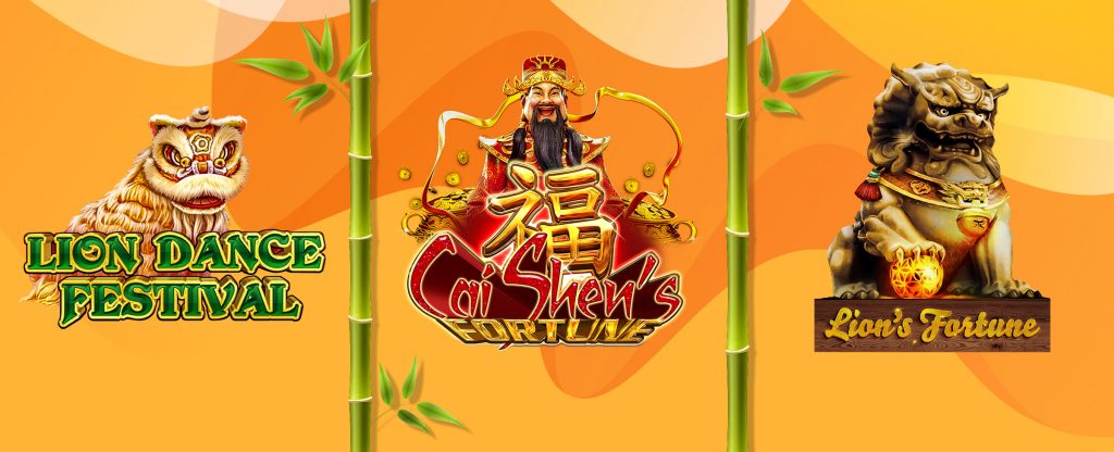 Three SlotsLV slot game logos are pictured across the center of the image, including Lion Dance Festival, Caishen’s Fortune, and Lion’s Fortune, framed by green bamboo shoots.