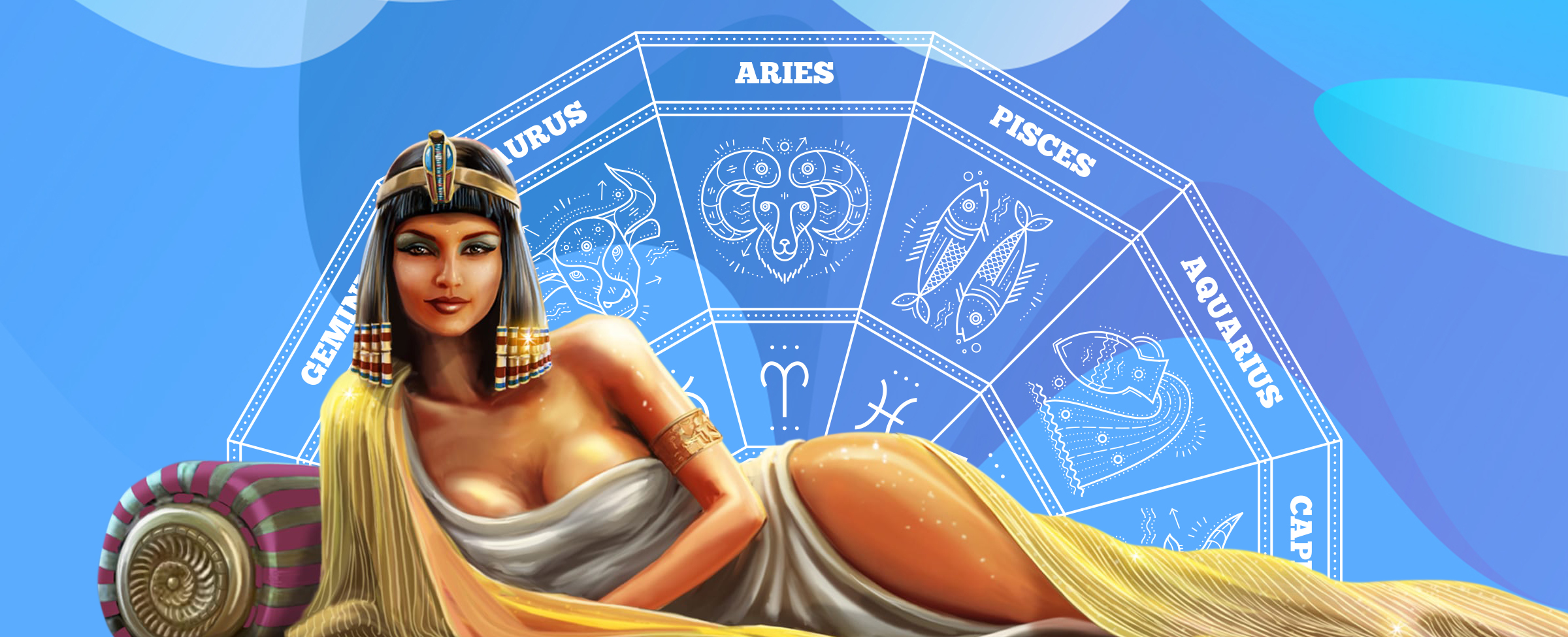A 3D-animated Cleopatra from the SlotsLV slot game “A Night With Cleo” is depicted on a daybed wearing a thin robe, while in the background, a horoscope wheel featuring various symbols is shown.