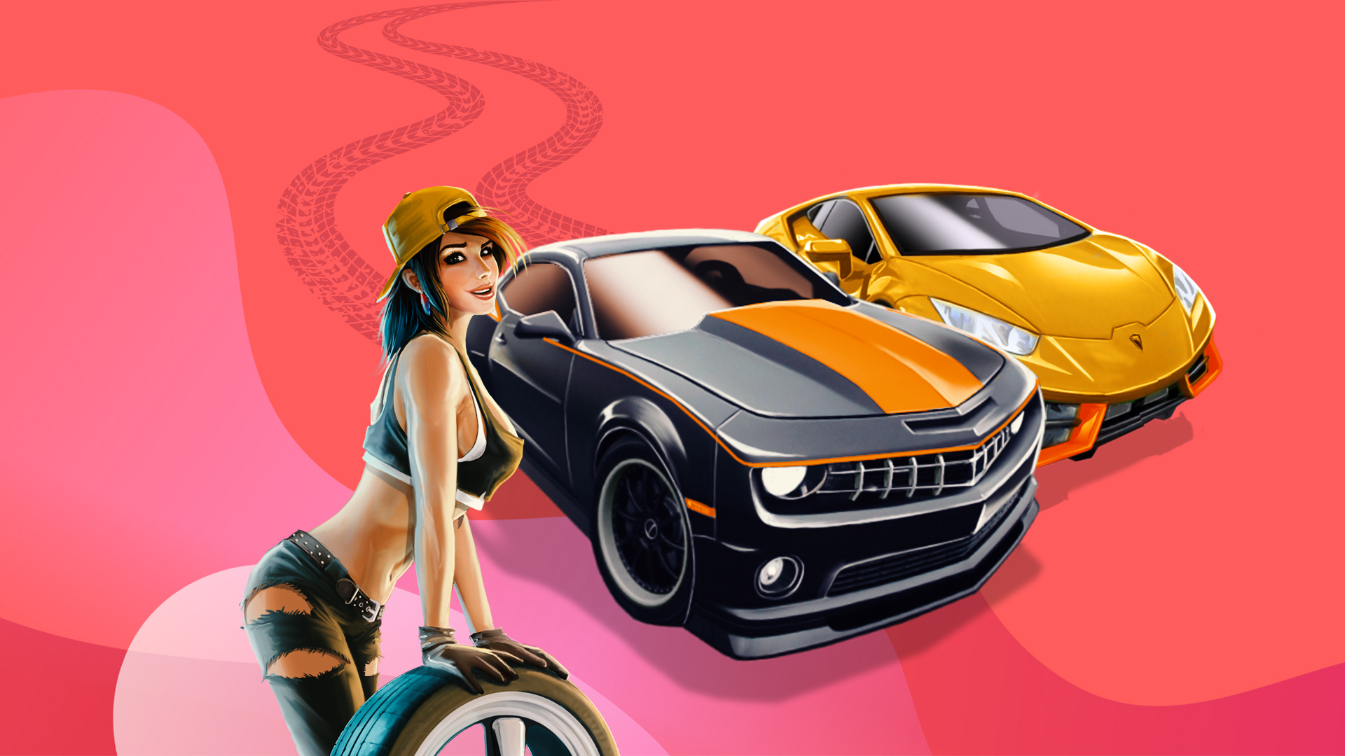 The main character from the SlotsLV slots game, Fast & Sexy, stands in front of two 3D race cars.