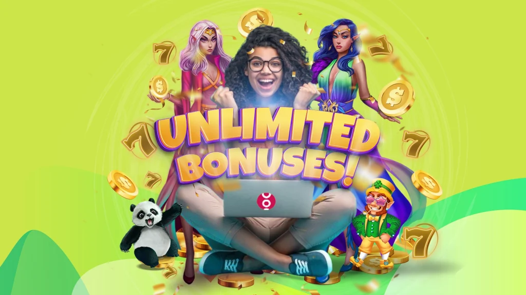 A girl with curly hair and glasses sits among SlotsLV slots games characters, with a laptop with the SlotsLV Casino logo on her lap; Unlimited Bonuses is overlaid on top of her.