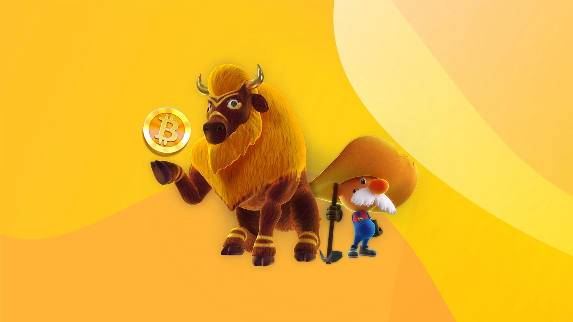 Characters from SlotsLV slots games, such as a Golden Buffalo and Gold Rush Gus, stand in front of a yellow background, with the buffalo holding a gold Bitcoin.