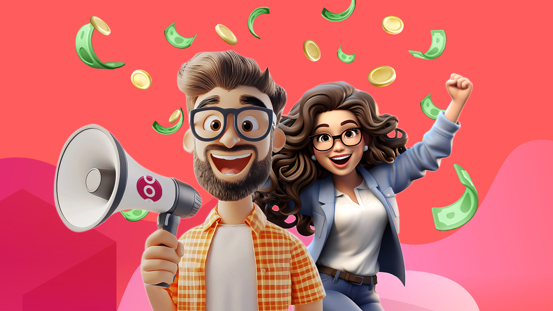 A man holds a megaphone with a woman excitedly cheering behind him. Cash and coins are falling over their heads, and it’s all displayed on a red and pink image.