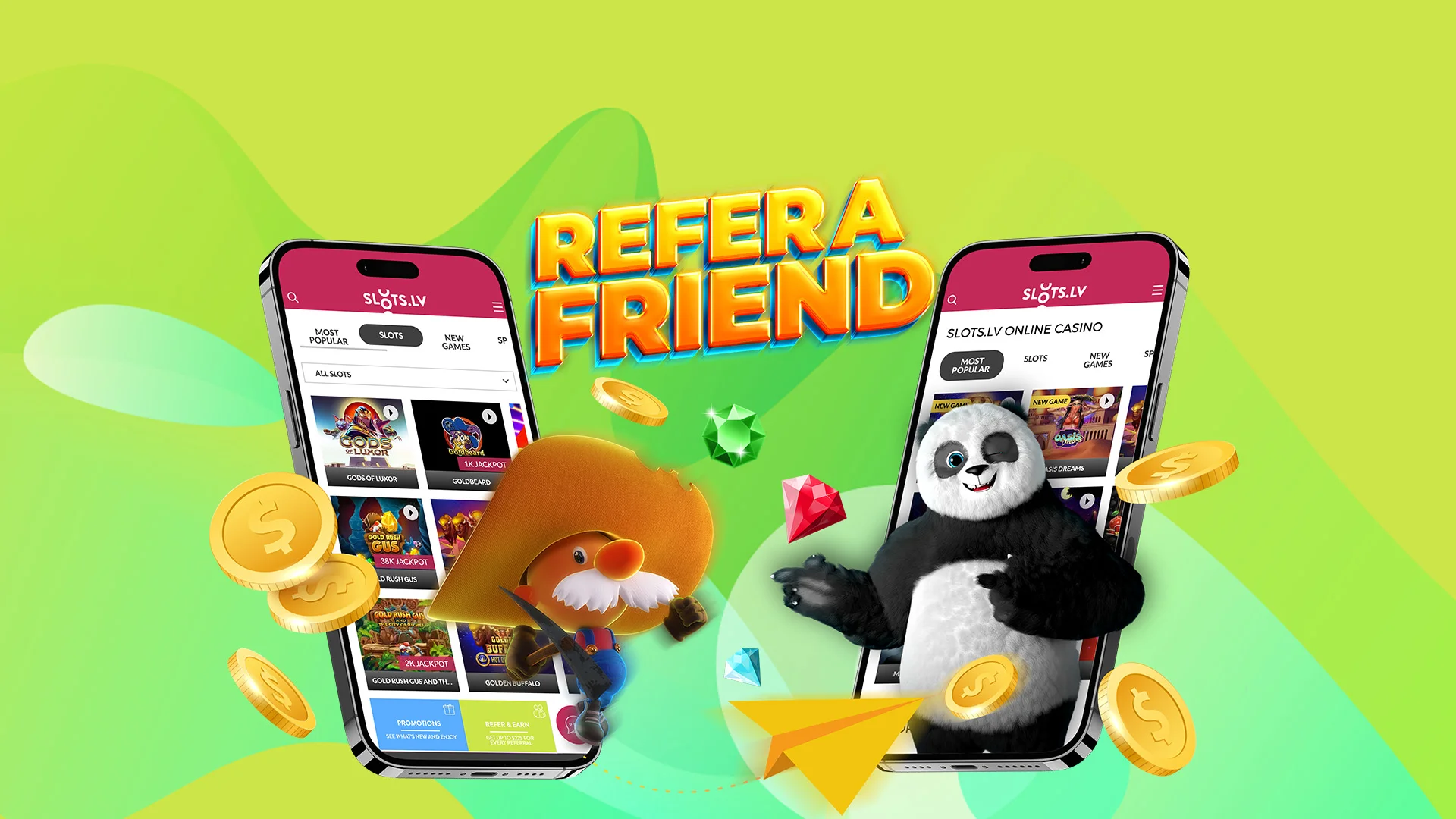 Characters from the SlotsLV slots games Gold Rush Gus and Panda Fortune are emerging out of two mobile phones, with the words Refer A Friend overlaid above, set on a green background