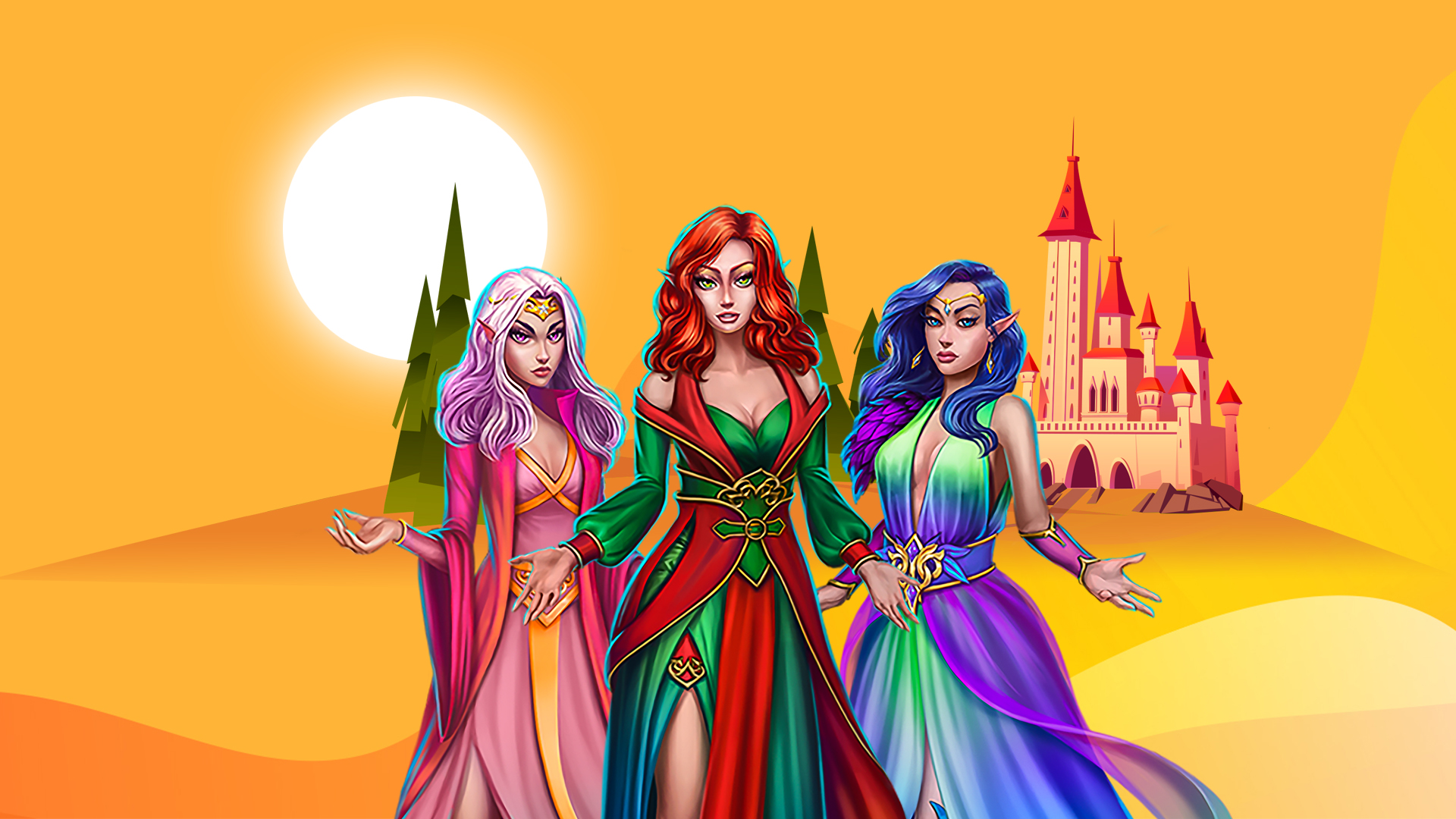 Three enchanted fairies from the SlotsLV slots game Fairy Wins, one with pink hair and dress, one with red hair and dress, and one with blue hair and dress, stand in front of an orange castle.