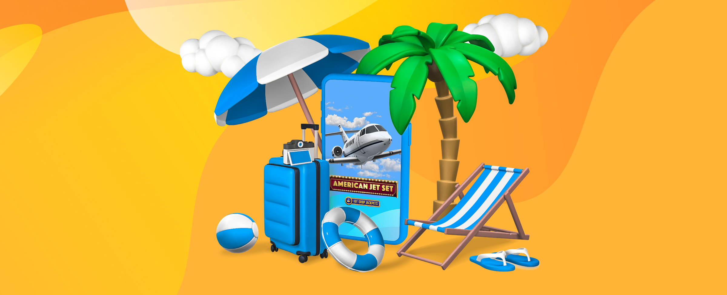 A 3D-animated scene depicting various elements of a vacation on a yellow background: a palm tree, a bright blue and white umbrella, a life-size blue phone showing the graphics from the SlotsLV slots game, American Jet Set Hot Drop Jackpots, a blue and white inflatable ball and floating ring resting against a large blue travel suitcase, a blue and white canvas hammock, and blue and white flip flops.