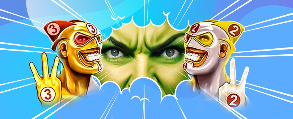 In the middle of the image we see a comic-book style burst, with a 3D-animated character of She Hulk looking through. On either side, two illustrated characters from the SlotsLV slots game, Super Wilds XL, are pictured in a white and yellow mask respectively, with the numbers three and two appearing inside badges on each respectively also.