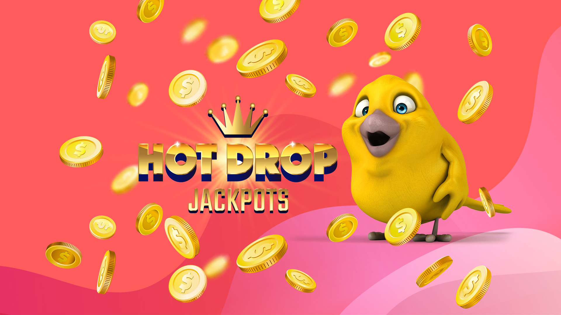 A small yellow bird with gold coins dropping around it, and the SlotsLV Hot Drop Jackpots logo in the middle.