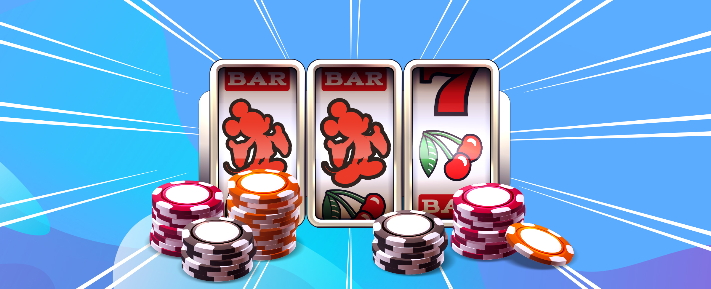 Three 3D-animated slot reels are shown in the middle of the image, two with matching red Mickey-Mouse silhouettes, and the other, the number seven. In front are stacks of casino chips. Overall, set against a blue and purple abstract background.