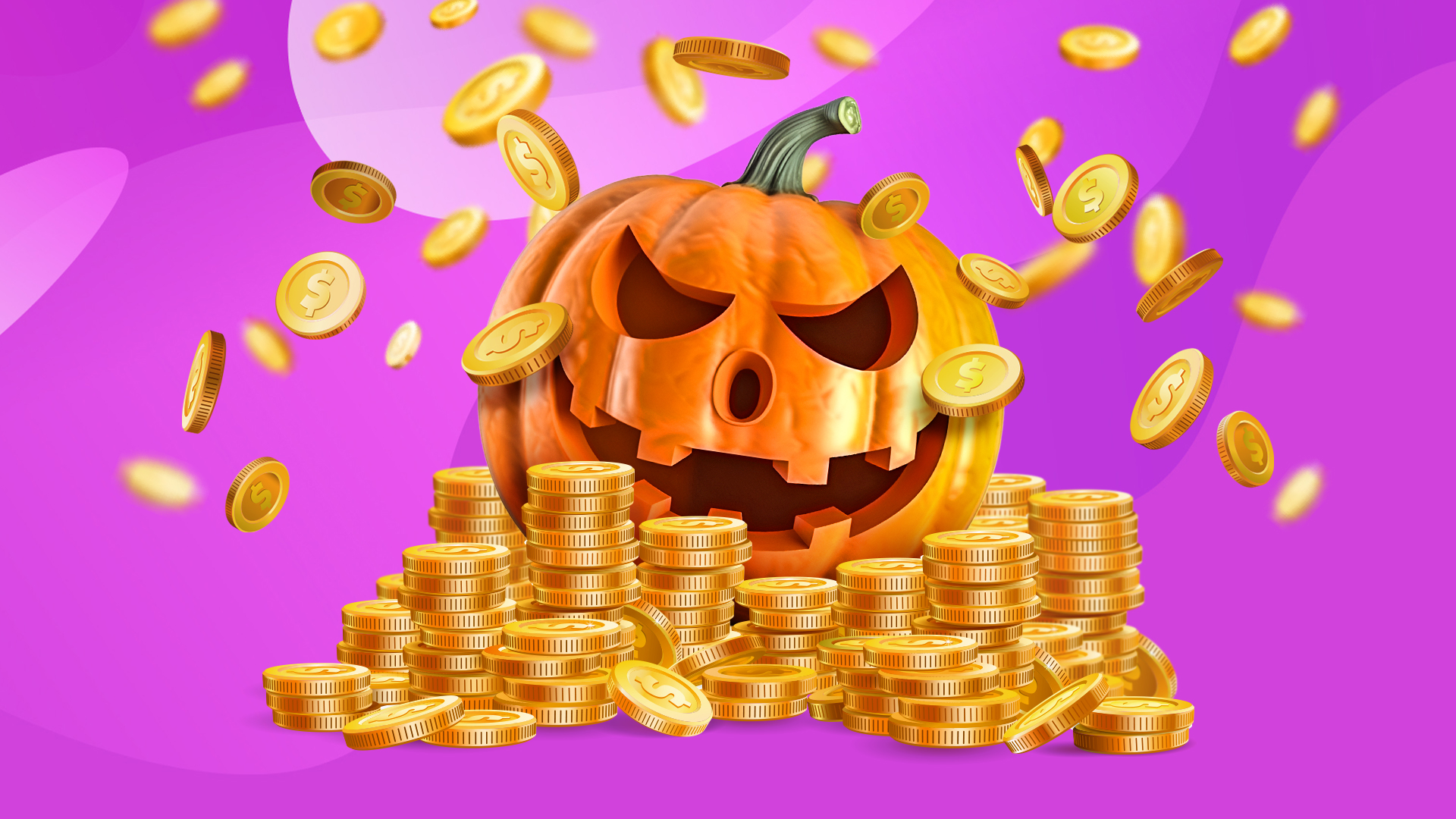 A jack-o'-lantern is surrounded by stacks of gold coins against a purple background.