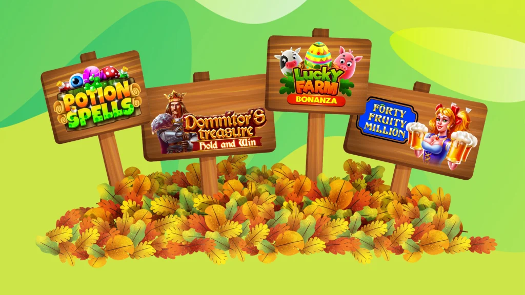 Four signs sprout out of fall leaves, with SlotsLV slots game logos on them, set against a green background.