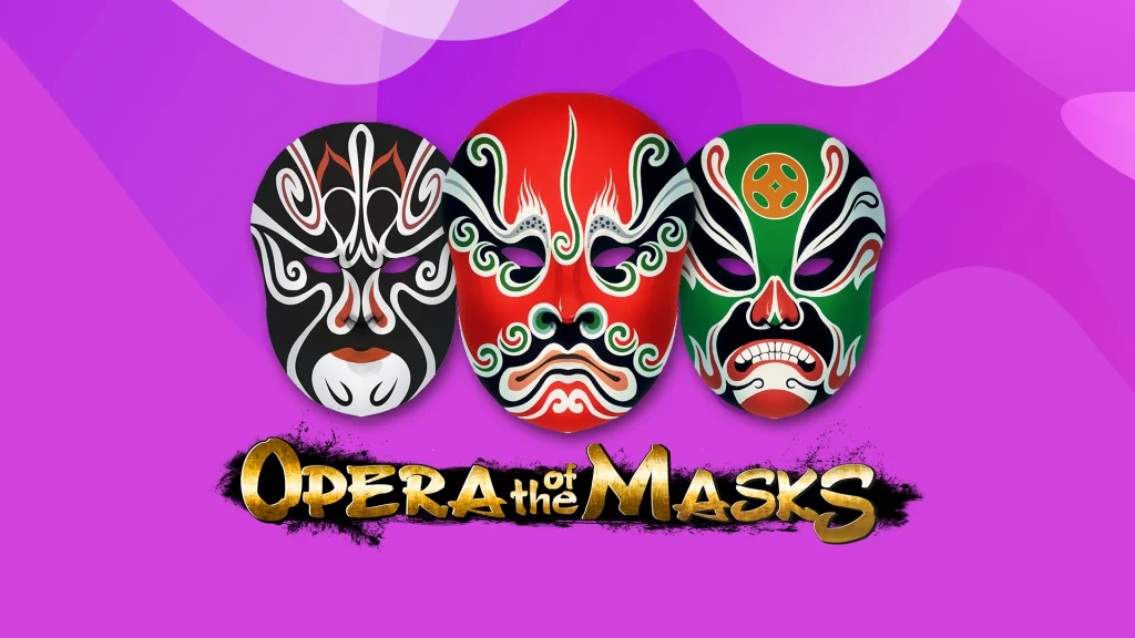 Colorful masks sit atop the logo from SlotsLV slots game Opera of the Masks, set against a purple background.