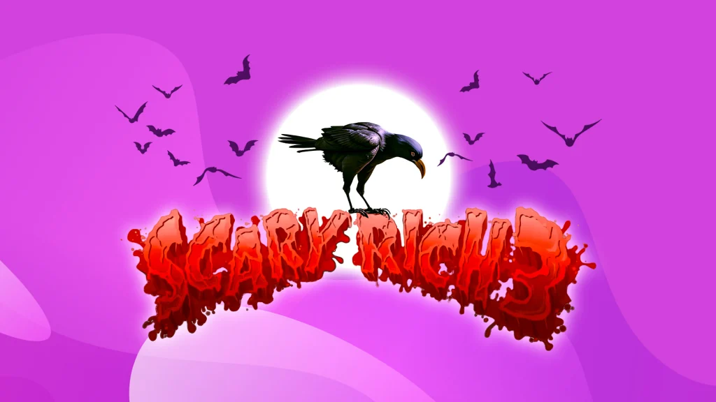 A crow stands atop text that reads ‘Scary Rich 3’, a SlotsLV Casino slots game, with a moon and bats in the distance, against a purple background.
