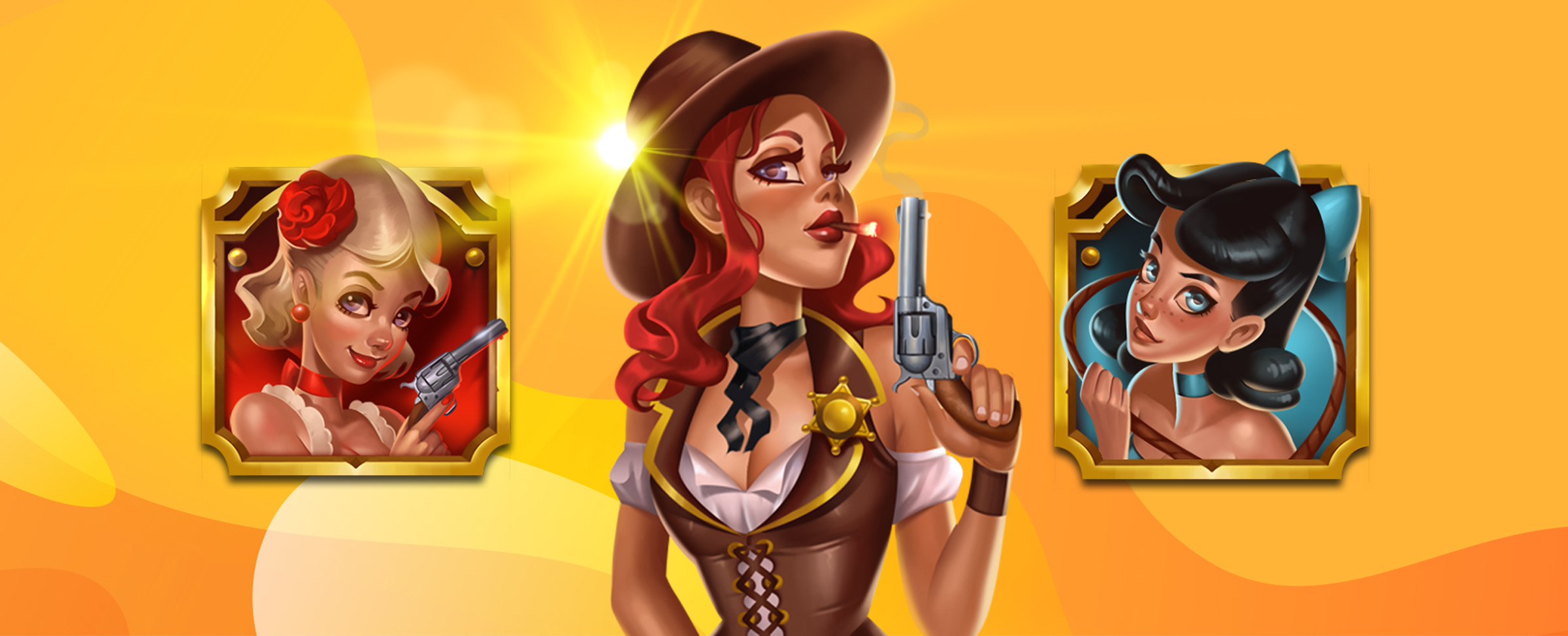 Central character from the Lawless Ladies slot game at SlotsLV stands between two accompanying character symbols from the same game