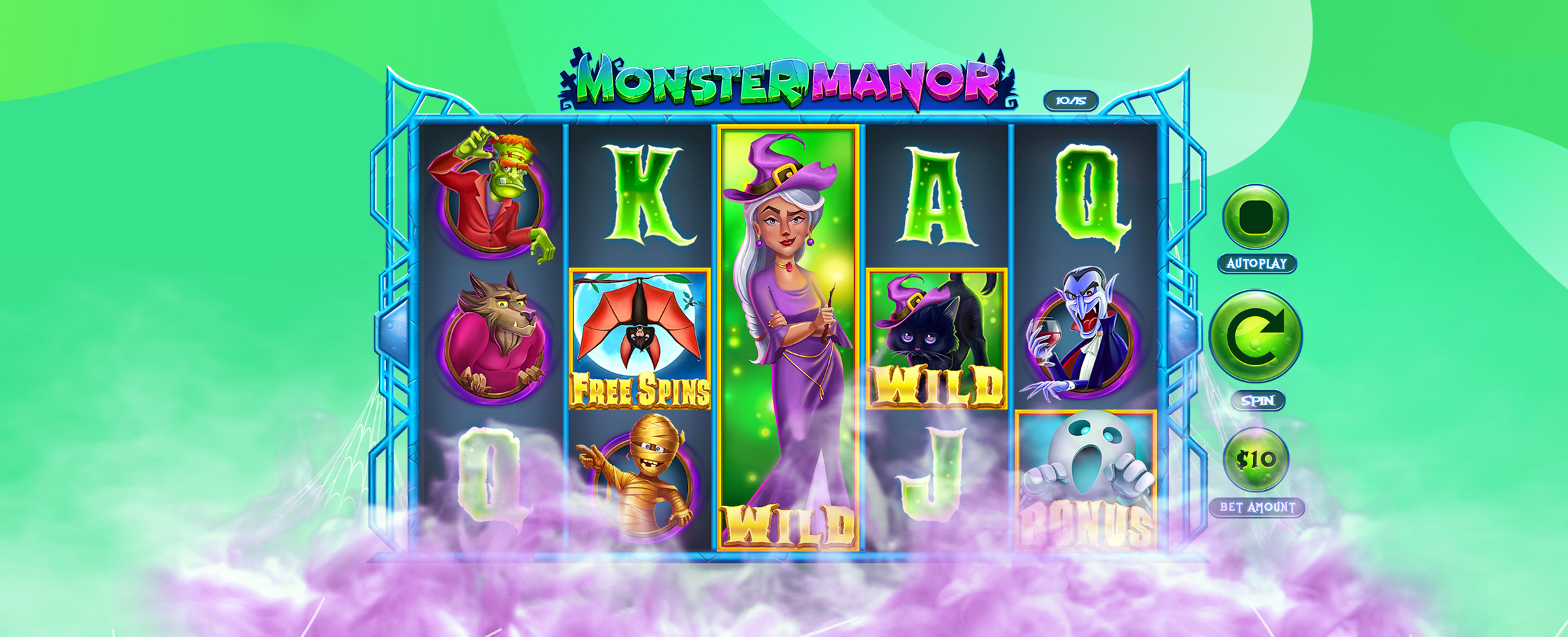 Screen shot from the SlotsLV slot game Monster Manor showing the Wild symbol and other game features and symbols