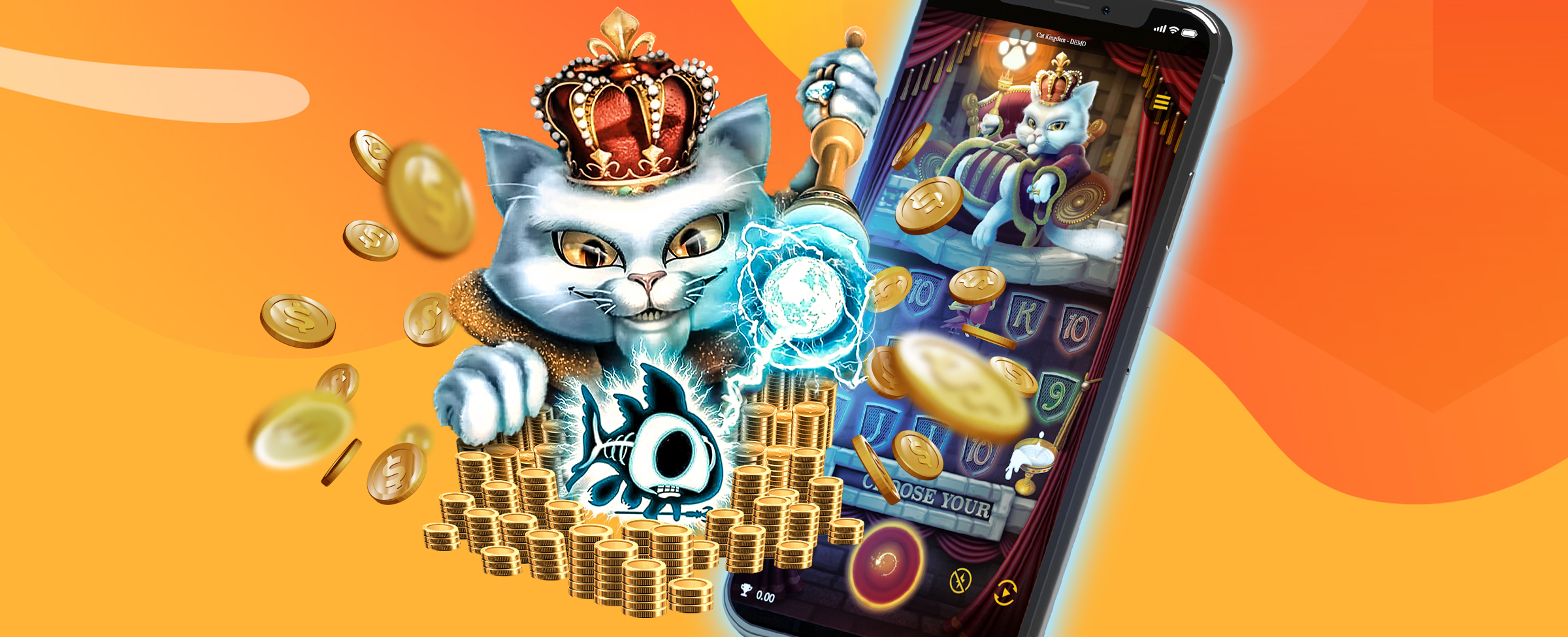 King Cat wielding his scepter, beside the online slots game Cat Kingdom displayed on a mobile phone.