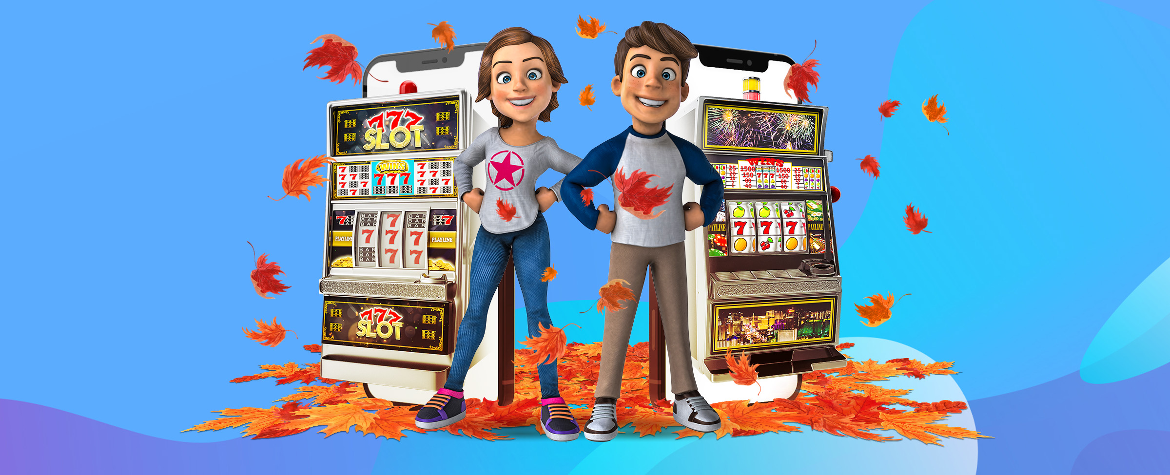 Characters in front of online slots machines with fall leaves on the ground around them.