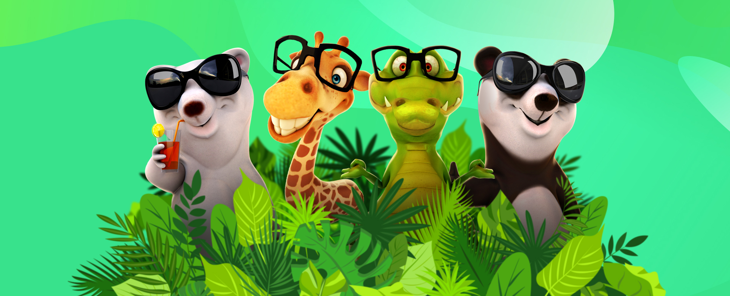 An assortment of cartoon animal characters from the SlotsLV slot game Animal Wilds featuring pandas, an alligator and giraffe, all wearing glasses and standing amidst jungle ferns