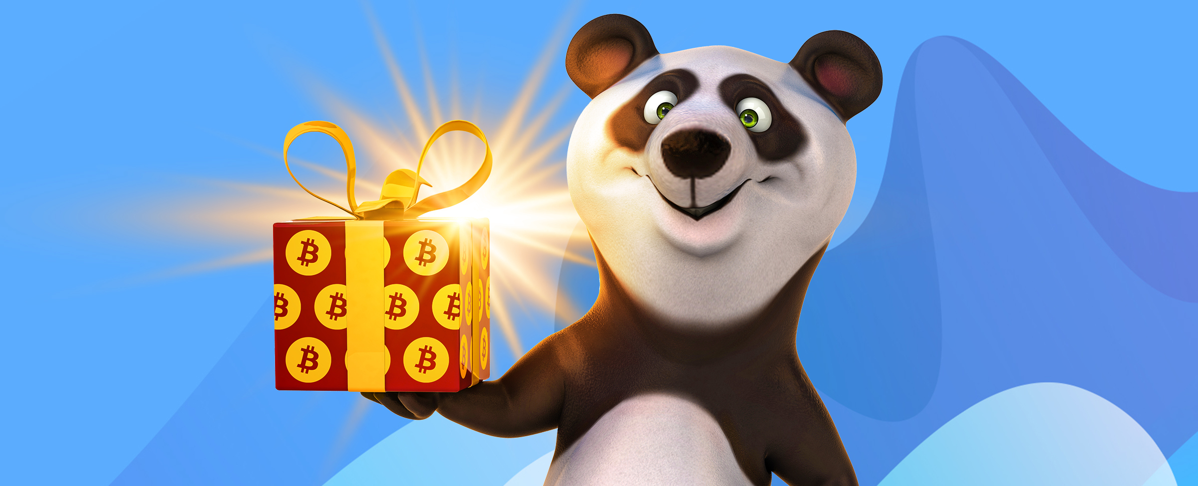 Cartoon character of a panda holding up a gift box with bitcoins printed on the wrapping