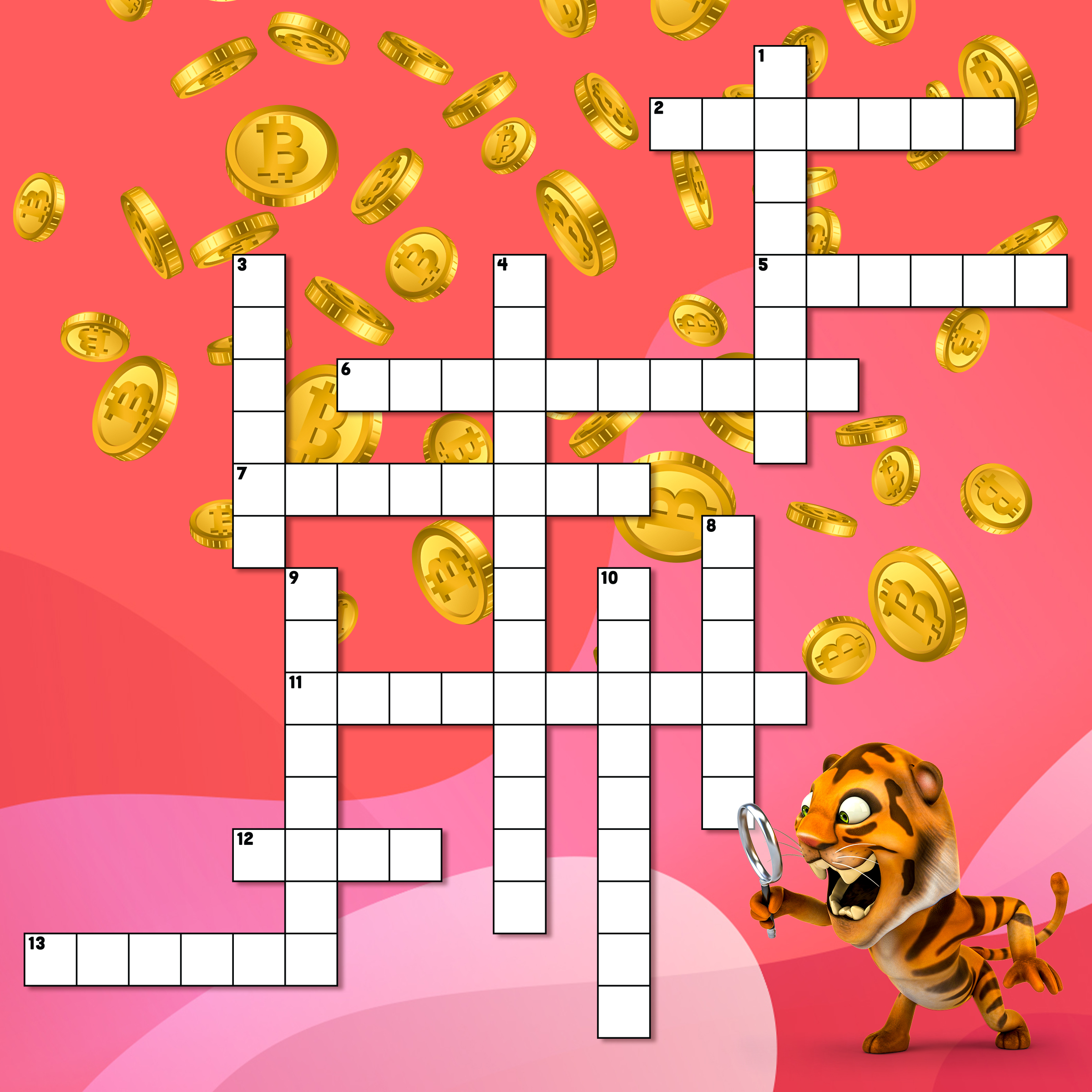 Free crossword puzzle against a pink swirl background with bitcoins behind it and a cartoon tiger inspecting the crossword with a magnifying glass