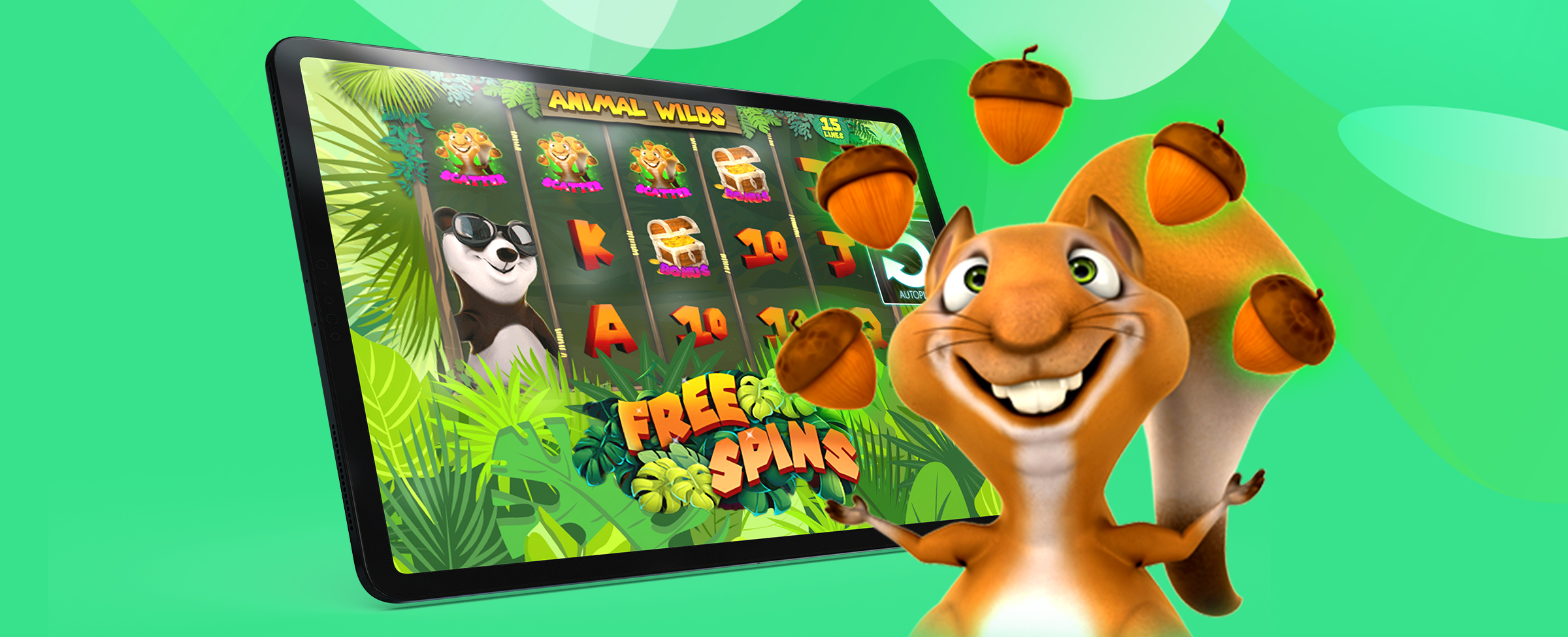 A cartoon squirrel juggling acorns standing in front of a screen showing the game features of the Animal Wilds slot game at SlotsLV