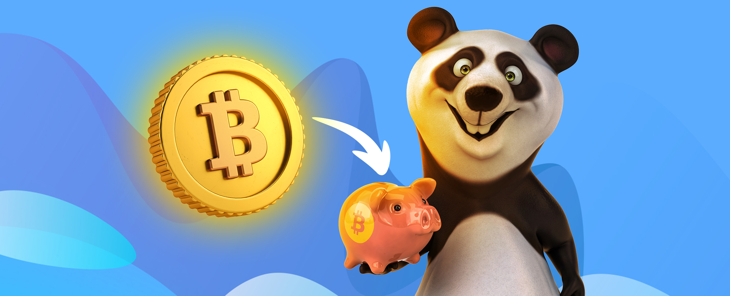 Panda cartoon character holding up a piggy bank while standing next to a giant levitating bitcoin, to explain crypto casino deposits