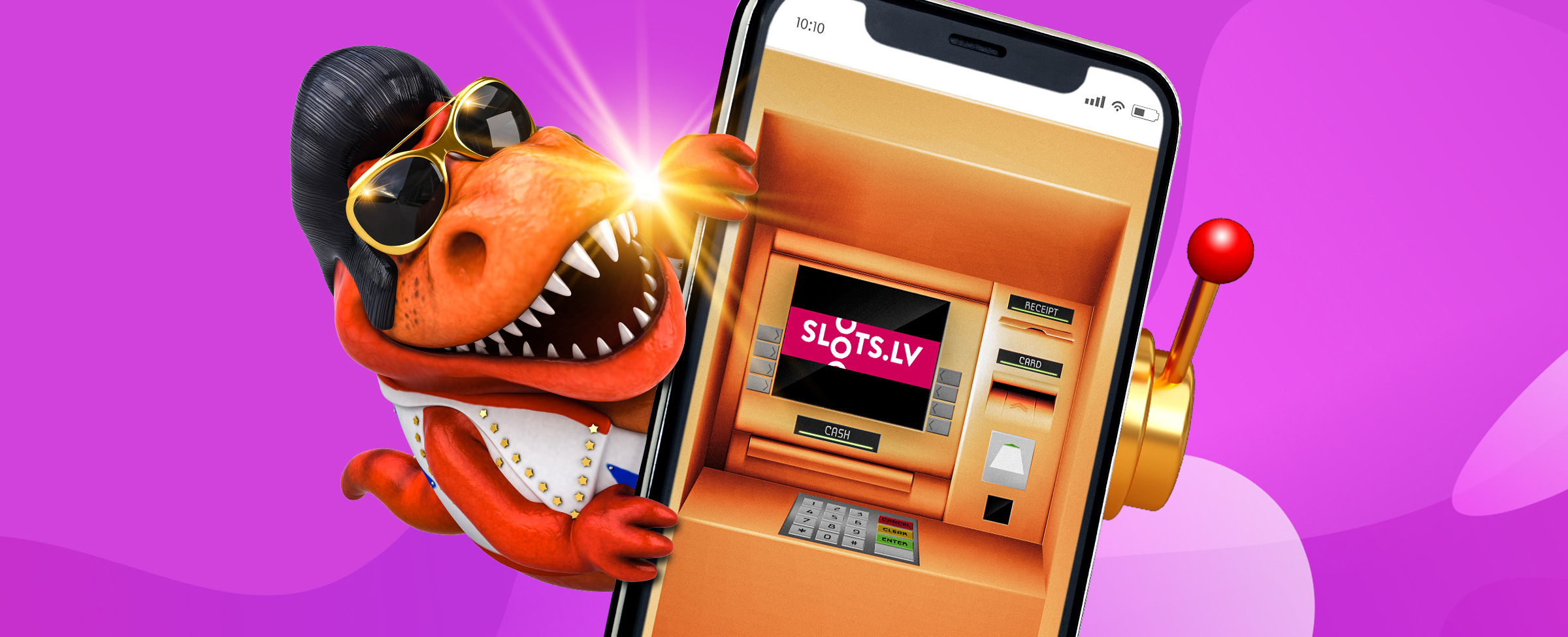 A cartoon character of a dinosaur dressed in an Elvis costume holding an oversized mobile phone showing a slot machine with the SlotsLV logo on the screen
