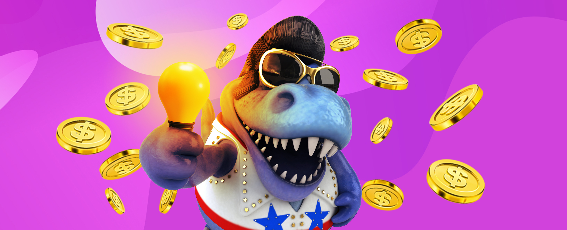 A cartoon character of a hippopotamus dressed as Elvis holding up a yellow light bulb surrounded by levitating gold coins