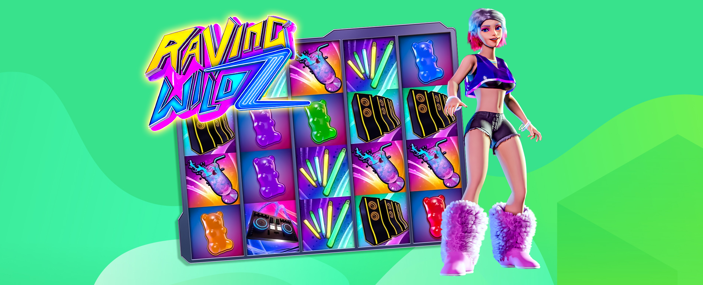 A neon-colored screenshot of the Raving Wildz slot game at SlotsLV showing the various features a player might see, with a young girl dressed in rave wear standing in front