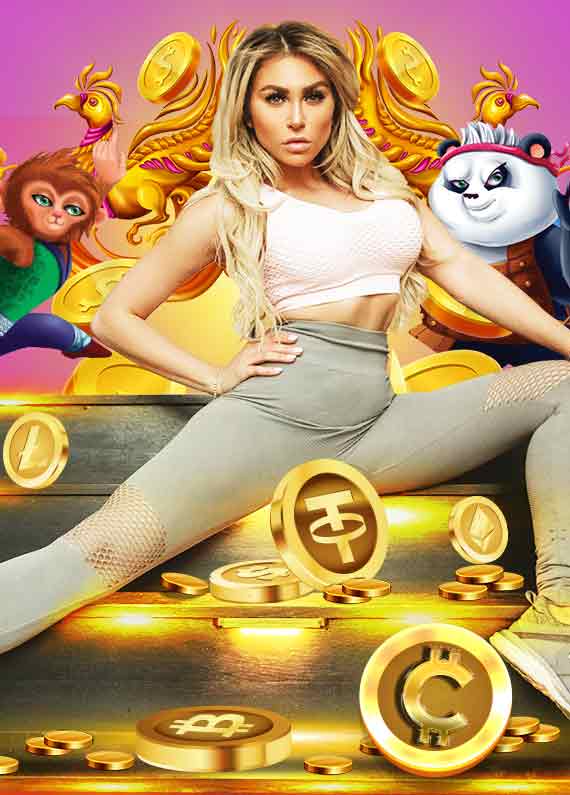 Crypto Queen Khloe Terae sits on a set of steps covered in crypto casino coins, as well as the panda and monkey from Fortune Keepers online slot at SlotsLV