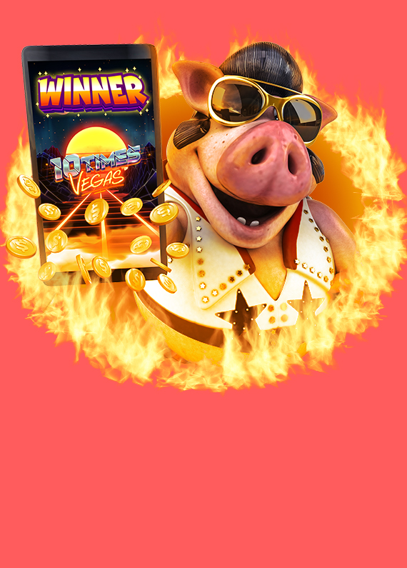 Emerging from a ring of fire is a 3D animated pig in an Elvis costume, holding up a mobile phone showing the SlotsLV slot game “10 Times Vegas”, with a heading “Winner” above.