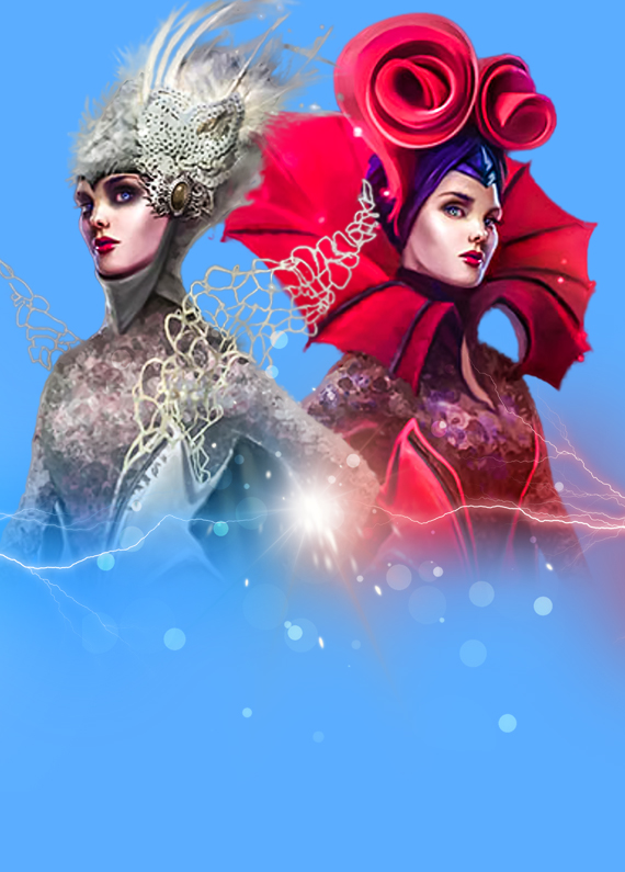 Two animated queens - one dressed in red, the other silver - stand back-to-back with lightning appearing across the center of the screen, from the SlotsLV slot game Clash of Queens.