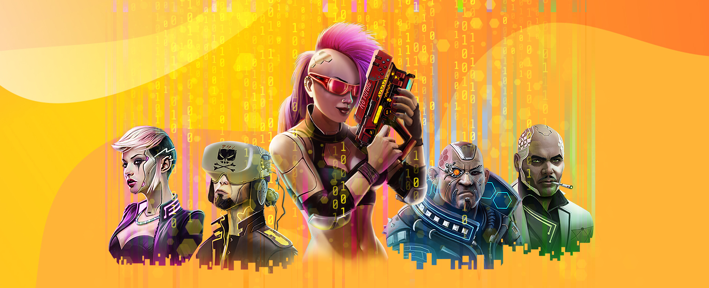 3D cartoon characters from the SlotsLV slot game Cyberpunk City are featured, including the central female cyborg character and other four gameplay characters