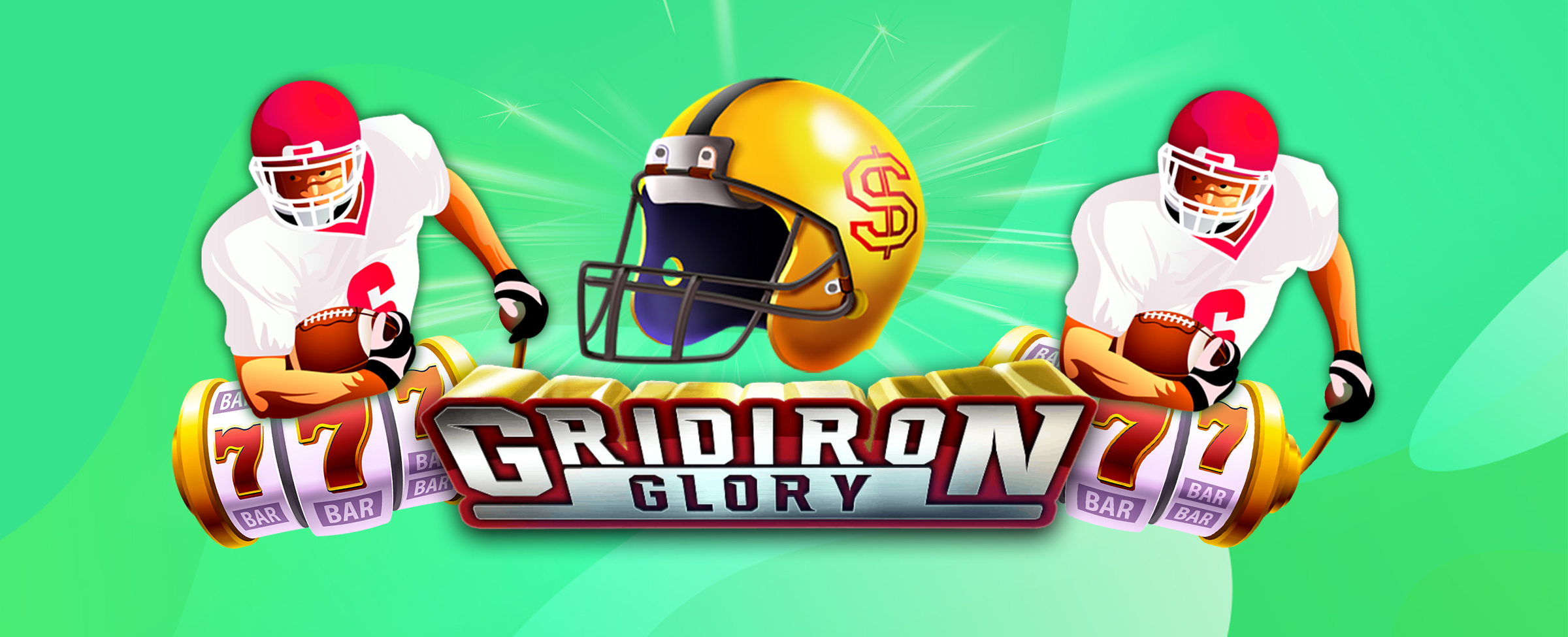 A logo of the SlotsLV slot game Gridiron Glory is in the foreground, straddled either side by American football players holding a ball in one hand and in the other, holding the lever to an old school slot reel, with a yellow football helmet glistening in the middle.