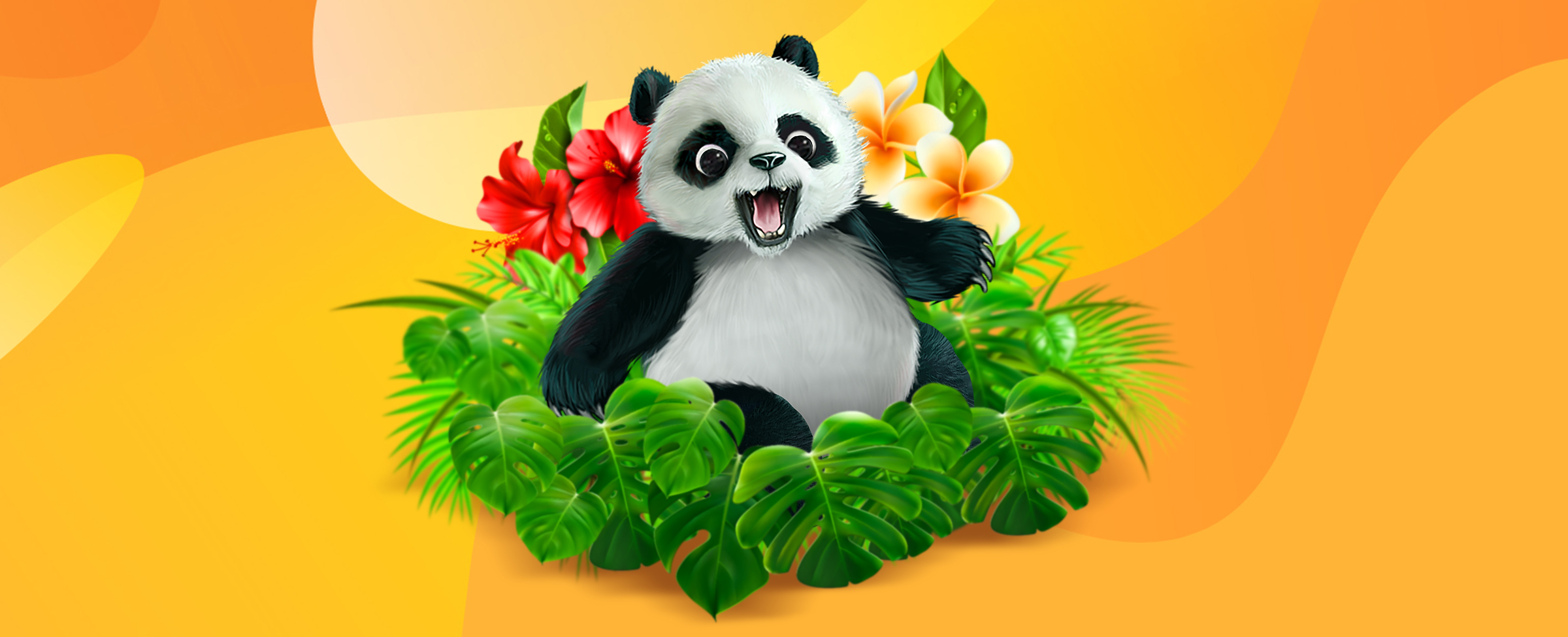 A cartoon character from the SlotsLV game Panda Pursuit sits amongst a pile of forest ferns and flowers